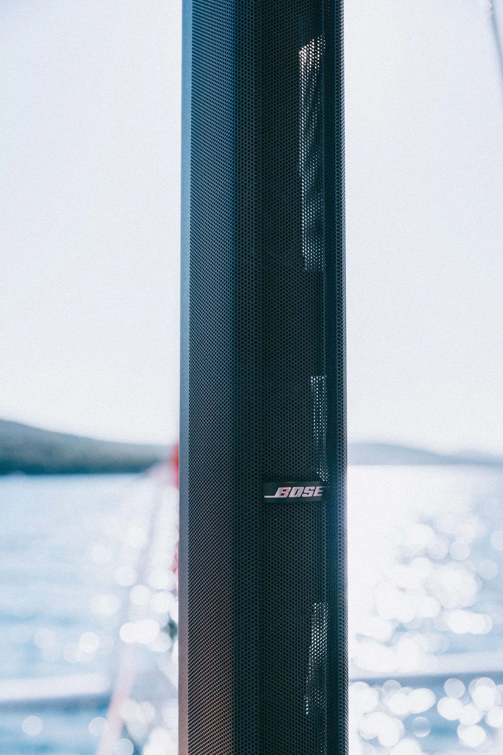 Bose F1 speaker on yacht deck with Adriatic Sea view — Cosmic Production wedding equipment rental