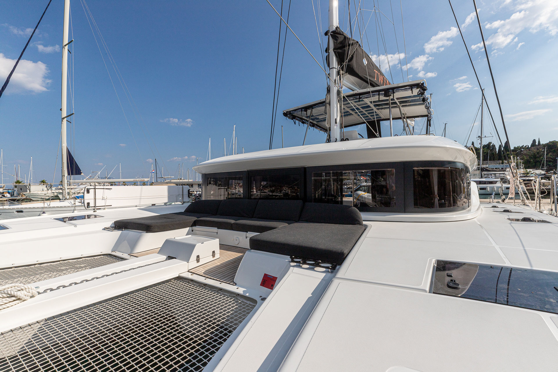 Catamaran deck lounge prepared for a Croatian island event