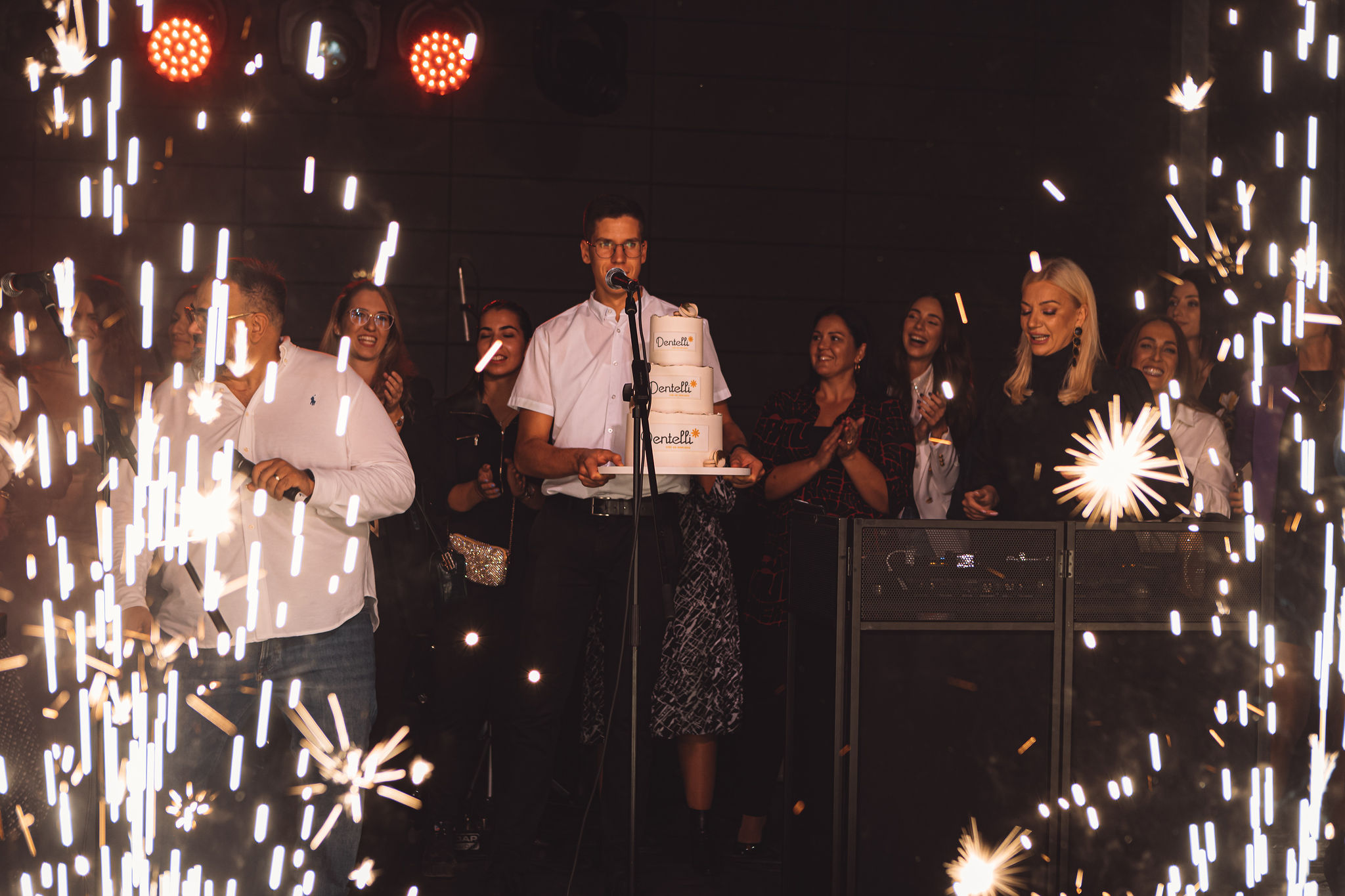 Cold sparkler entrance moment at a Cosmic Production party setup