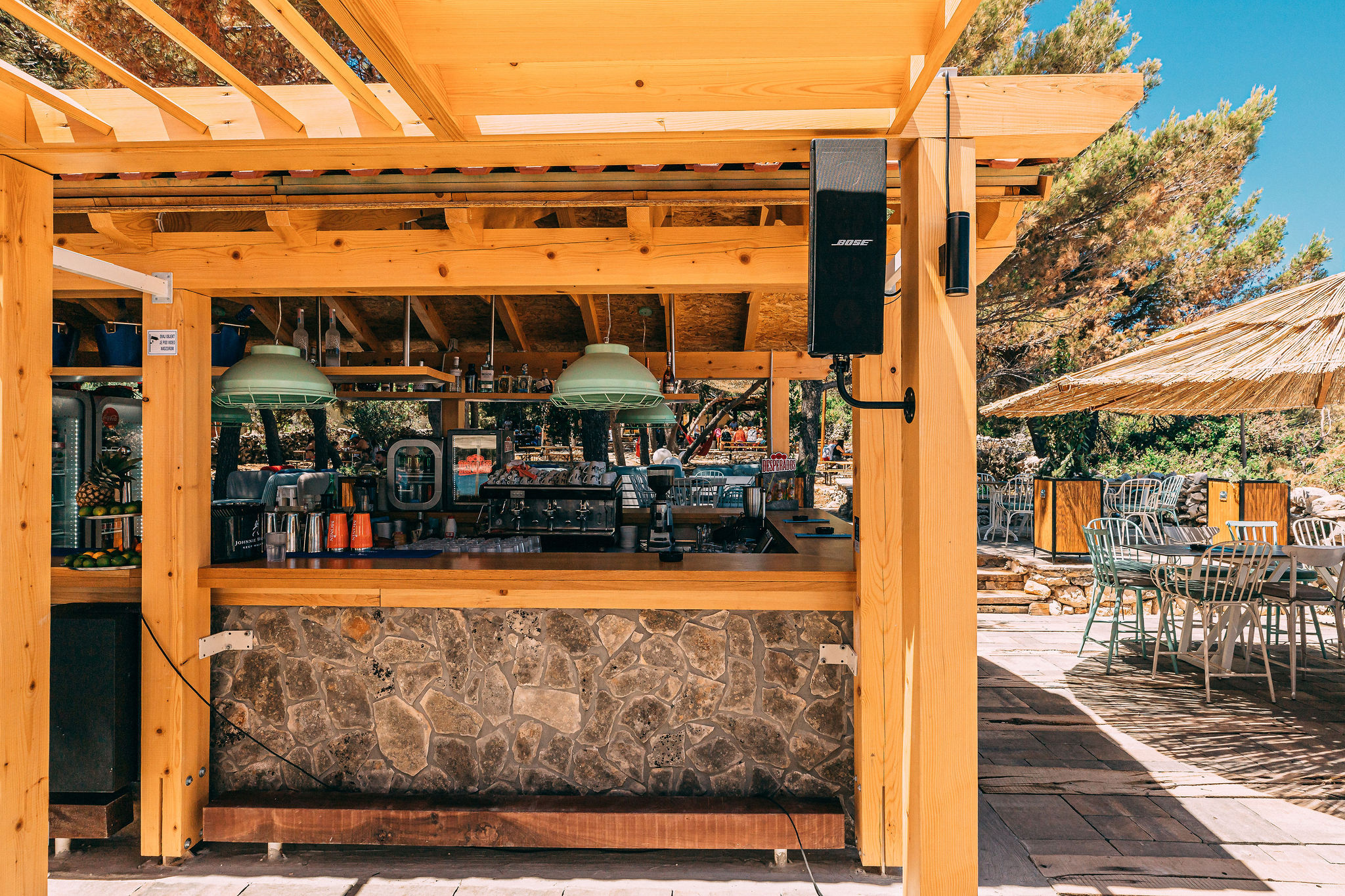 Haven Beach Bar outdoor bar area with Bose speaker integration at Blue Lagoon Croatia