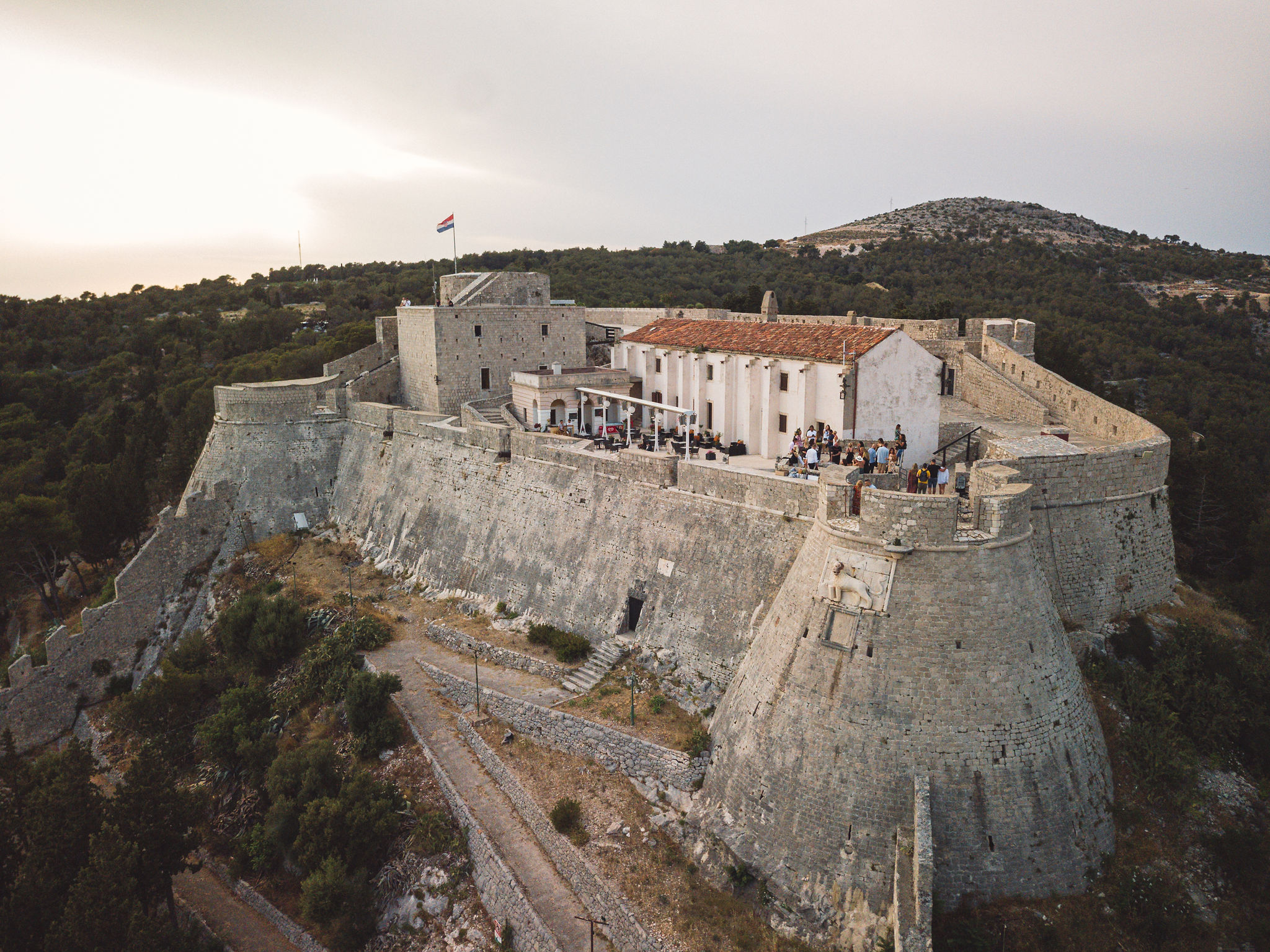 Aerial view of Hvar fortress and harbor for premium island AV planning