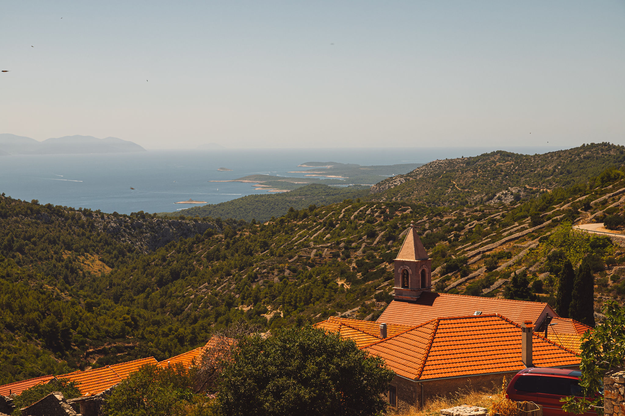 Hvar landscape panorama with church tower and Adriatic Sea