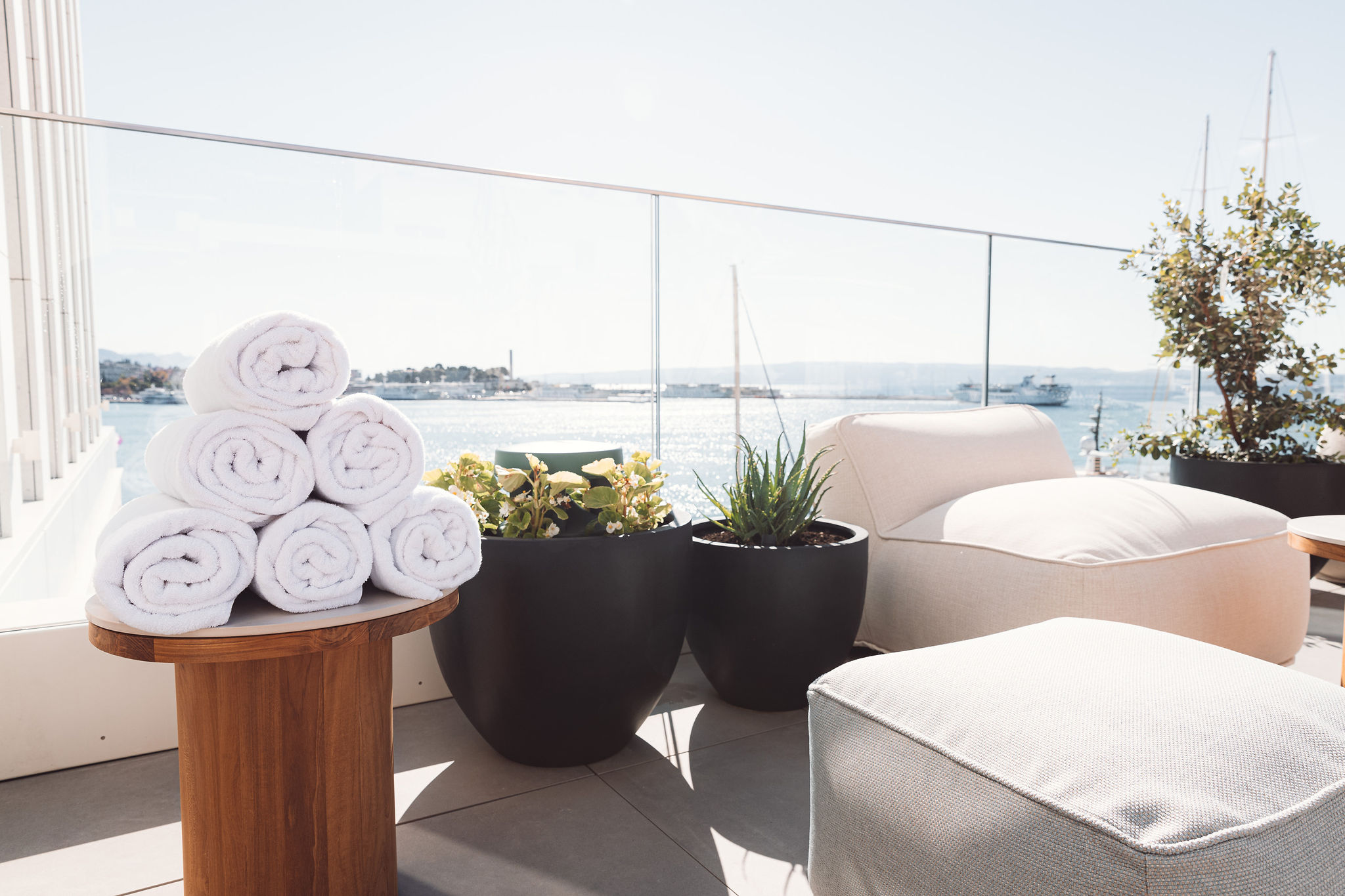 Rooftop terrace audio zone overlooking the harbor in Croatia