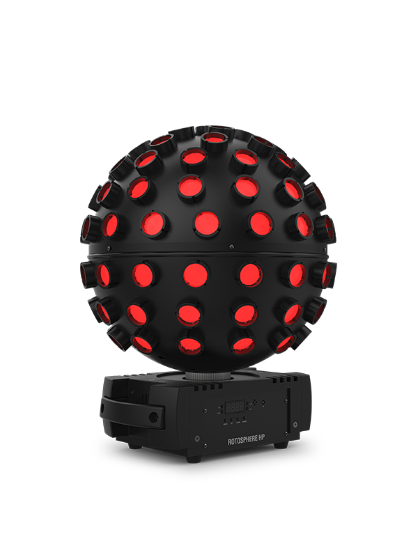 Chauvet Rotosphere HP Light Rental for Events Weddings and Yachts Croatia - Cosmic Production Chauvet DJ Rotosphere HP Light Rental for Events Weddings and Yachts Croatia - Cosmic Production Photo shows the Rotosphere glowing with red color and the backside of the base with the display and manual controls.